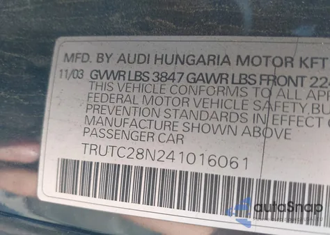 2004 Audi Tt 1.8L from USA, damaged, VIN TRUTC28N241016061